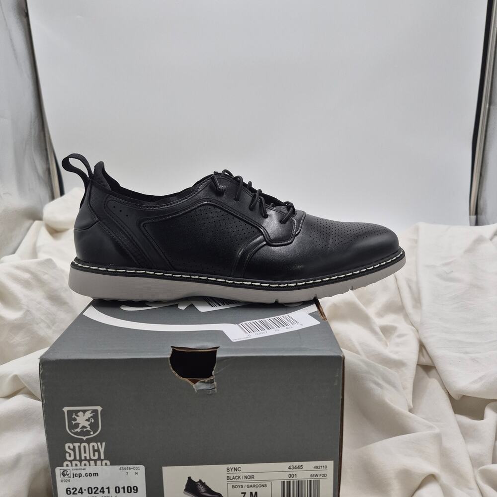 NEW Stacy Adams Sync Plain Toe Elastic Lace Up shoe Black boys size 7